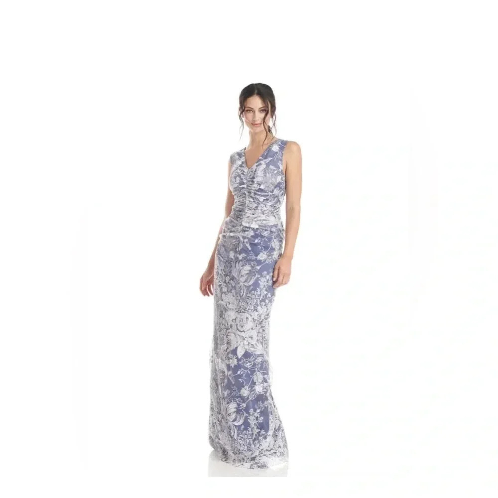 JS Collections Blue and White Floral V-Neck Evening Gown 4